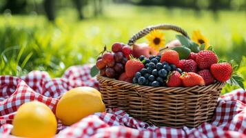 ai generato percalle coperte, fresco frutta, e luce del sole evocare un' delizioso primavera picnic foto