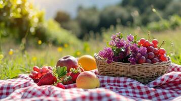 ai generato percalle coperte, fresco frutta, e luce del sole evocare un' delizioso primavera picnic foto