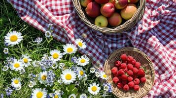 ai generato percalle coperte, fresco frutta, e luce del sole evocare un' delizioso primavera picnic foto