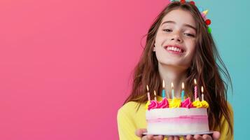 ai generato contento compleanno litthe ragazza con compleanno torta contro vivido minimalista sfondo foto
