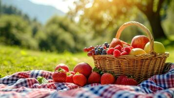 ai generato percalle coperte, fresco frutta, e luce del sole evocare un' delizioso primavera picnic foto