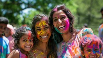 ai generato famiglia, gli amici, e vivace colori venire insieme nel un' gioioso holi raccolta foto