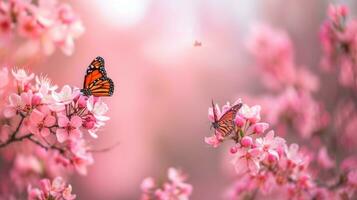 ai generato rosa petali, farfalle, e fioritura alberi creare un' primavera incanto foto