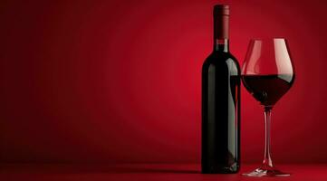 ai generato rosso vino bottiglia e bicchiere di rosso vino su un' rosso sfondo foto