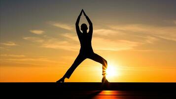 ai generato un' persona fare yoga a tramonto, raffigurato come un' silhouette contro il colorato cielo. generativo ai foto