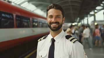 ai generato un' sorridente macchinista uniforme in piedi con orgoglio nel davanti di un' treno, pronto per imbarcarsi su un' viaggio. foto