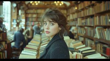 ai generato giovane donna nel biblioteca con libri e persone nel il sfondo foto