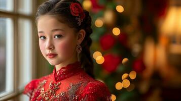 ai generato elegante giovane ragazza nel rosso vestito con festivo arredamento sfondo foto
