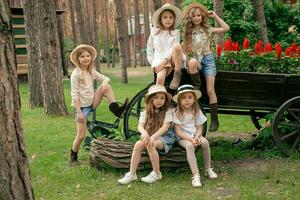 spensierato gemello ragazze seduta su vecchio di legno carrello decorato come fiore letto a nazione tenuta foto