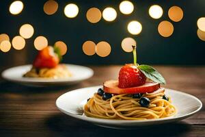 pasta con frutti di bosco su un' piatto. ai-generato foto