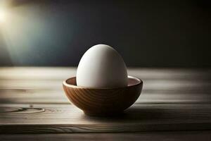 un uovo nel un' di legno ciotola su un' tavolo. ai-generato foto