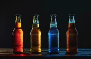 ai generato diverso colorato birra bottiglie nel linea foto