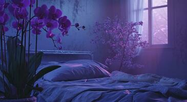 ai generato Camera da letto con viola orchidee nel autunno paesaggio,, sognante e romantico composizioni foto