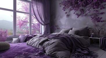 ai generato Camera da letto con viola orchidee nel autunno paesaggio,, sognante e romantico composizioni foto