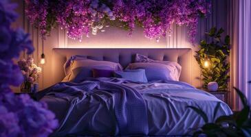 ai generato Camera da letto con viola orchidee nel autunno paesaggio,, sognante e romantico composizioni foto