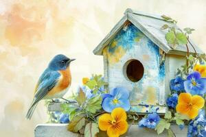 ai generato un' birdhouse con fiori e le foglie è evidenziato nel un' acquerello foto