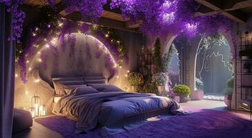 ai generato Camera da letto con viola orchidee nel autunno paesaggio,, sognante e romantico composizioni foto