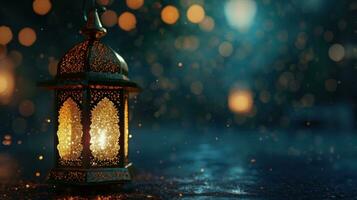 ai generato un islamico lanterna seduta su il terra con bokeh luci islamico leggero foto