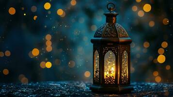 ai generato un islamico lanterna seduta su il terra con bokeh luci islamico leggero foto