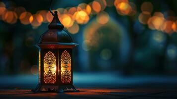 ai generato un islamico lanterna seduta su il terra con bokeh luci islamico leggero foto
