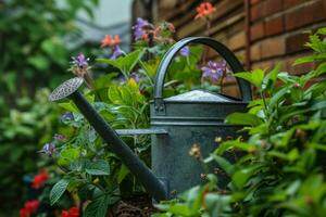 ai generato un' irrigazione può nel un' giardino foto