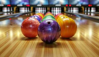 ai generato bowling palla a il davanti di un' perni con molti altro bowling palle foto