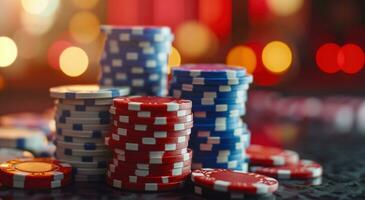 ai generato un' pila di poker patatine fritte nel davanti di alcuni luci nel un' casinò camera foto