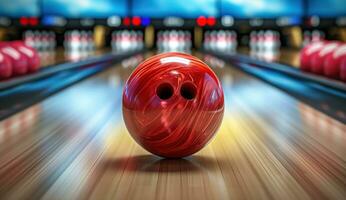 ai generato bowling palla a il davanti di un' perni con molti altro bowling palle foto