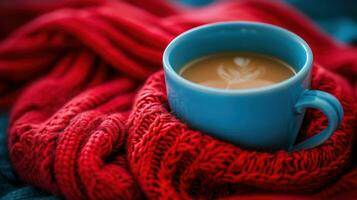 ai generato blu tazza di tè su un' rosso a maglia sciarpa nel il blu caffè foto