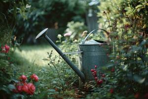 ai generato un vecchio irrigazione può si siede nel il mezzo di un' giardino foto