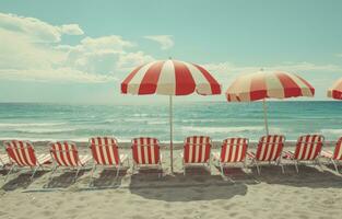 ai generato sedie foderato su lungo il spiaggia sotto un' rosso e bianca ombrello foto