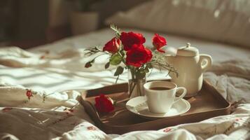 ai generato caffè e fiori sedersi su un' vassoio su un' letto foto