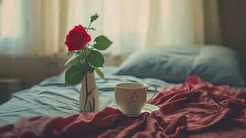 ai generato tazza di caffè e rosa nel fiore vaso su un' letto foto