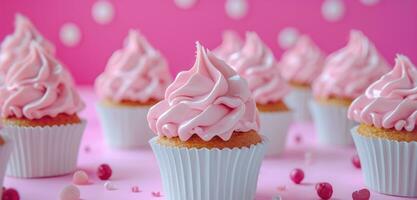 ai generato rosa cupcakes su il tavolo su rosa sfondo foto