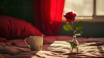 ai generato tazza di caffè e rosa nel fiore vaso su un' letto foto