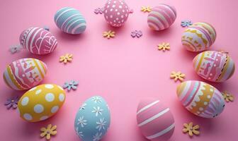 ai generato colorato colorato Pasqua uova siamo mostrato su un' rosa sfondo foto