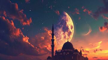 ai generato islamico Luna nel tramonto con bellissimo nuvole con un' moschea sotto esso foto