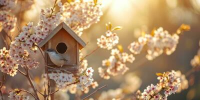 ai generato primavera birdhouse con primavera ciliegia fiorire sfondo foto