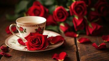 ai generato tavolo con un' tè tazza seduta su superiore di esso con rosso Rose foto