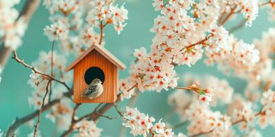 ai generato primavera birdhouse con primavera ciliegia fiorire sfondo foto