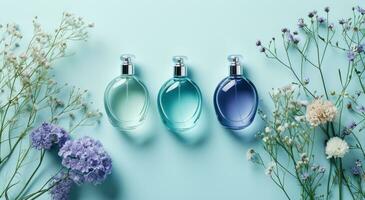 ai generato tre profumo bottiglie con fiori su blu sfondo foto
