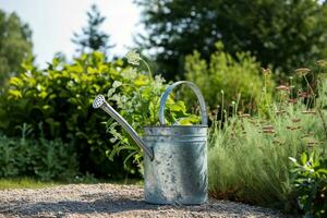 ai generato irrigazione può nel davanti di campo nel un' giardino giardino foto