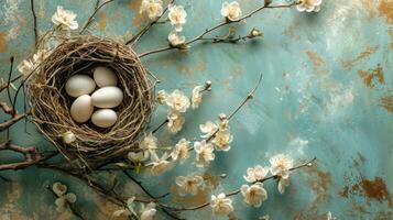 ai generato tranquillo scene di nidi, piume, e delicato fiori evocare Pasqua la tranquillità foto