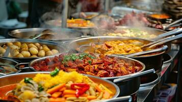 ai generato strada cibo bancarelle con un' varietà di speziato e saporito internazionale culinario offerte foto