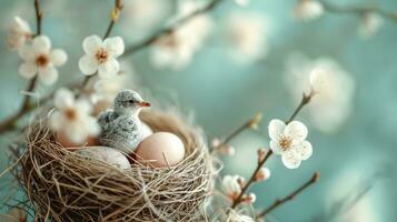 ai generato tranquillo scene di nidi, piume, e delicato fiori evocare Pasqua la tranquillità foto