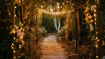 ai generato capriccioso bosco nozze con incantevole luci e naturale bellezza foto