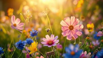 ai generato fiori selvatici, ronzio api, e un' vivace sole portare di primavera vivace spirito foto