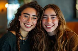 ai generato giovane donne sorridente a il telecamera nel un' conferenza camera foto