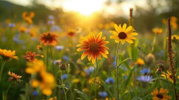 ai generato fiori selvatici, ronzio api, e un' vivace sole portare di primavera vivace spirito foto