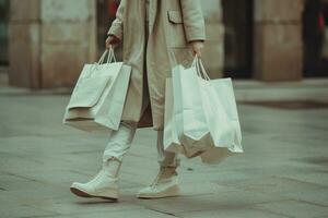 ai generato giovane ragazza a piedi con sua shopping borse nel il strada foto